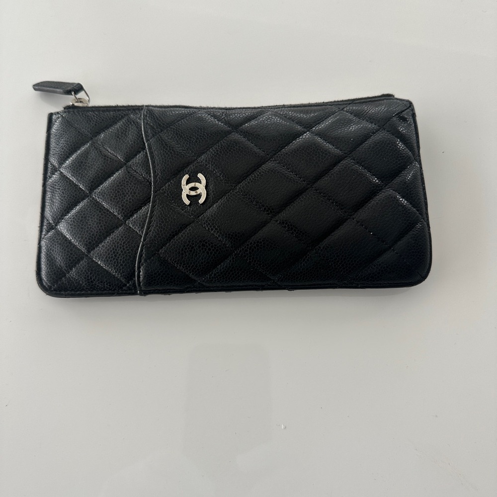 CHANEL Black Quilted Wallet with Silver Logo AUTHENTIC